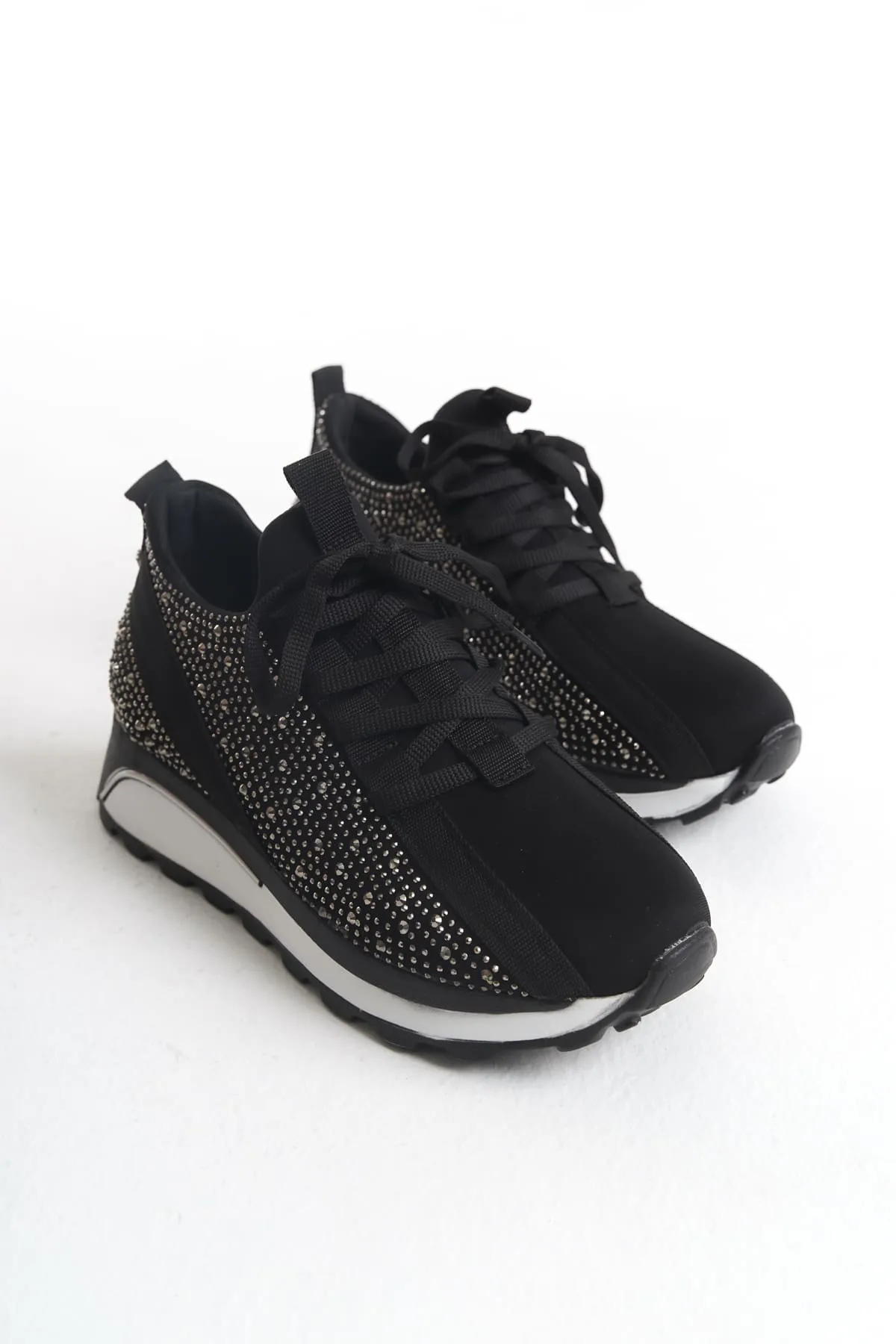 Joy Woman ALYA Bağcıklı Ortopedik Taban Taşlı Kadın Sneaker Siyah