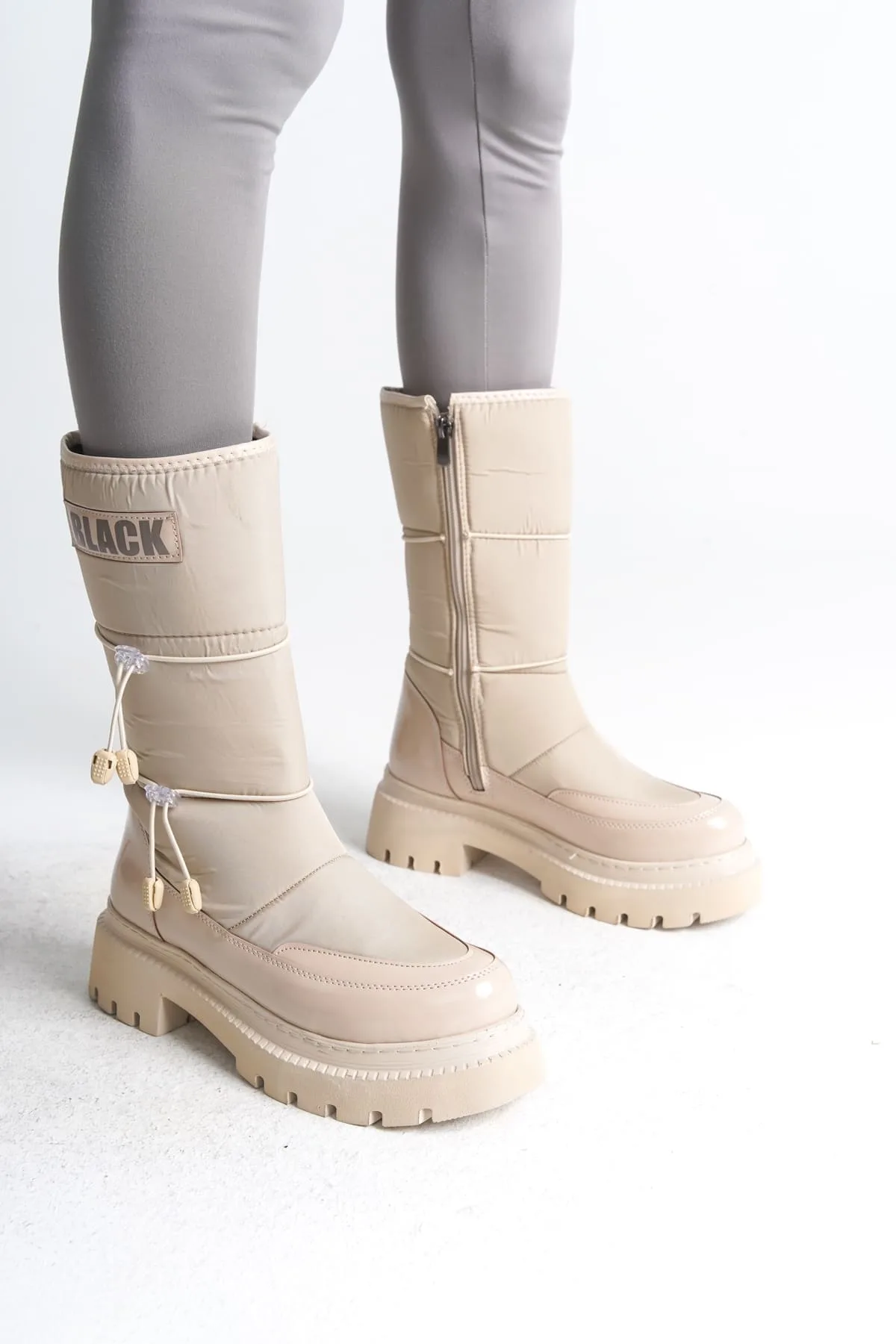 Joy Woman LUCY Kadın Bot Lastikli Fermuarlı Paraşüt Kumaş Rugan Krem 6 CM