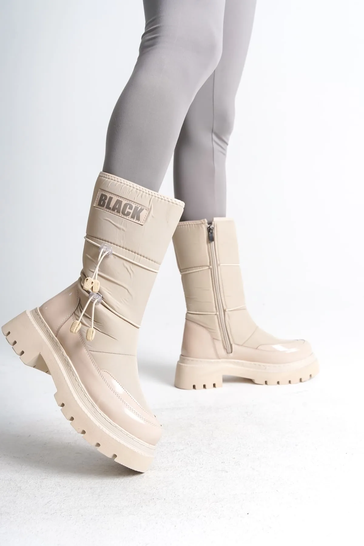 Joy Woman LUCY Kadın Bot Lastikli Fermuarlı Paraşüt Kumaş Rugan Krem 6 CM