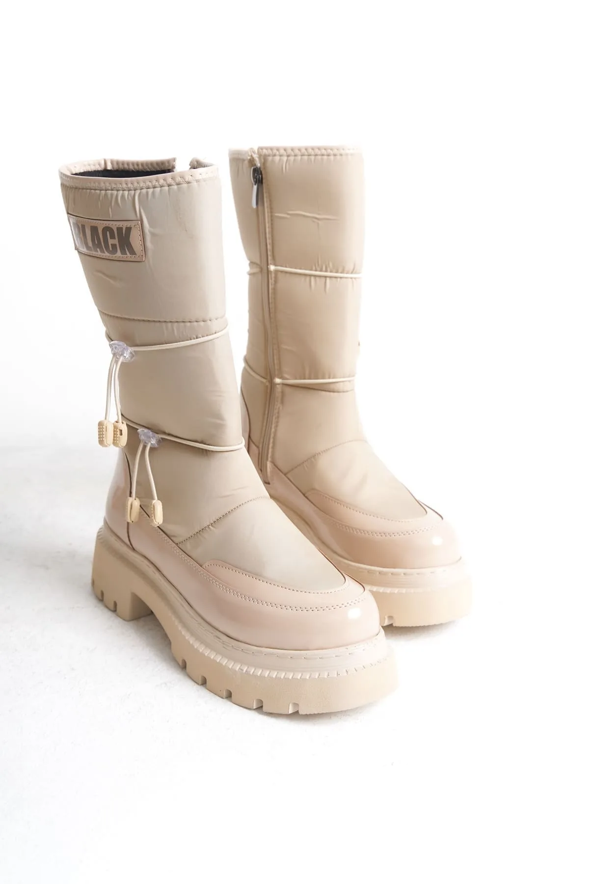 Joy Woman LUCY Kadın Bot Lastikli Fermuarlı Paraşüt Kumaş Rugan Krem 6 CM