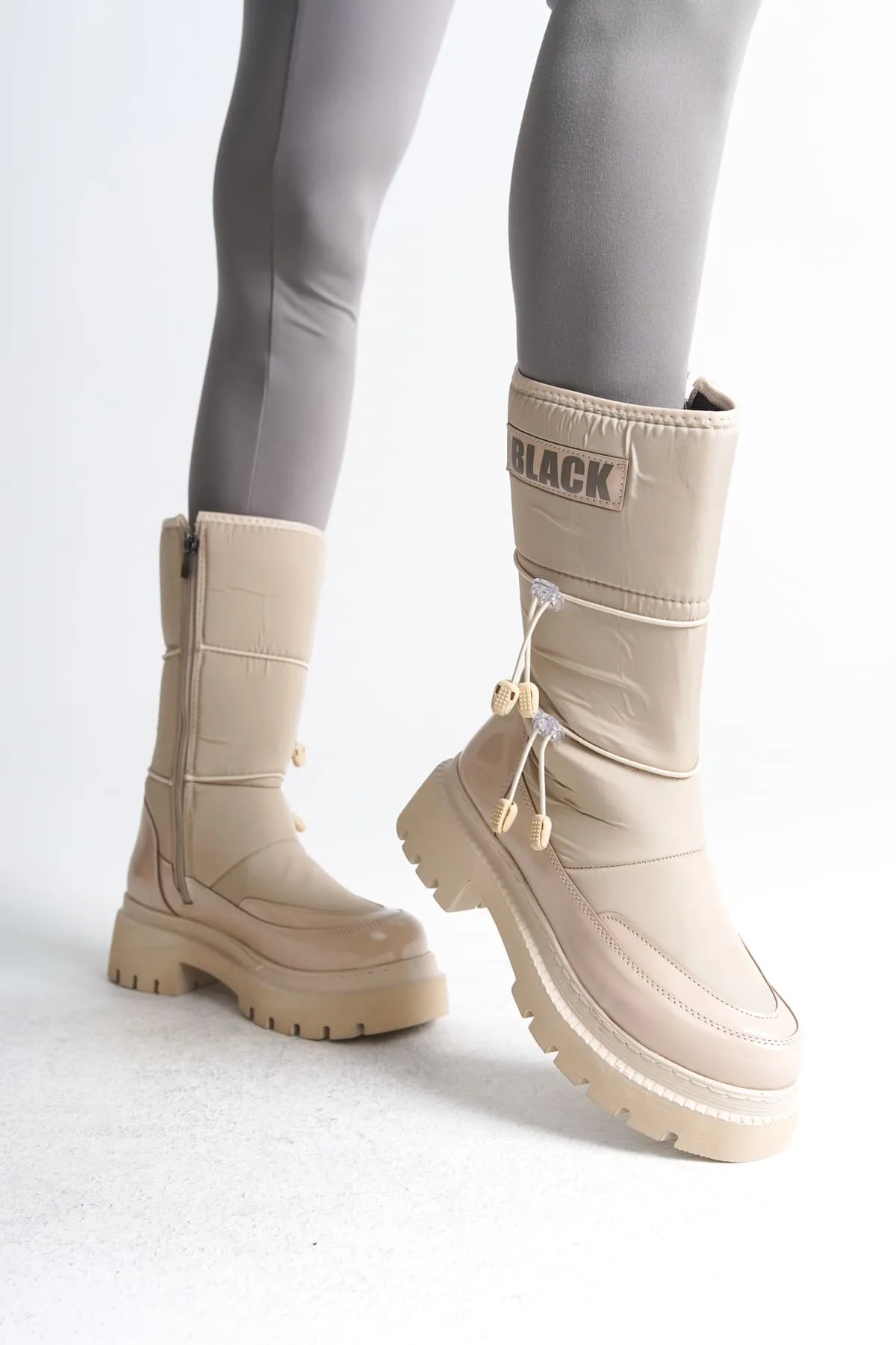 Joy Woman LUCY Kadın Bot Lastikli Fermuarlı Paraşüt Kumaş Rugan Krem 6 CM