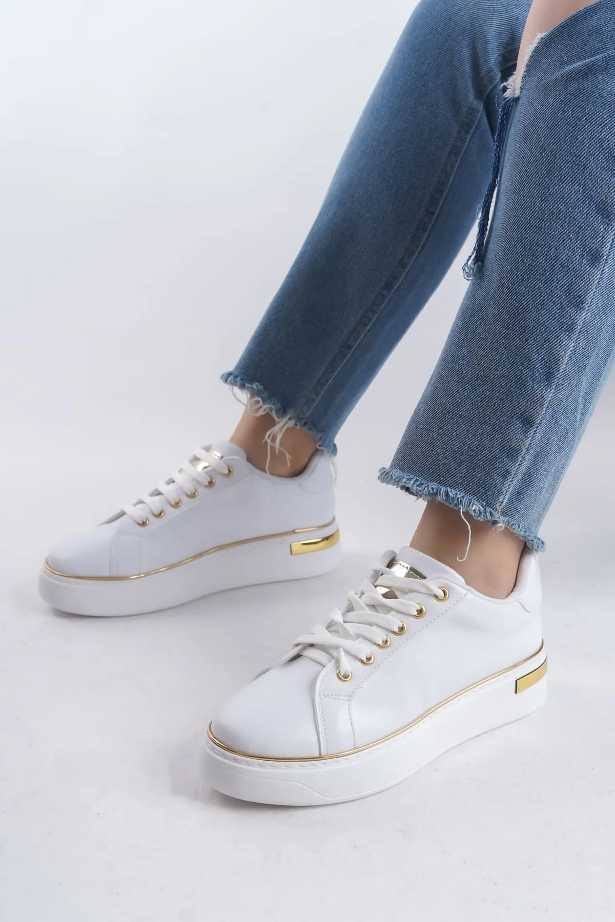 Joy Woman MINA Bağcıklı Ortopedik Taban Kadın Sneaker Beyaz Altın
