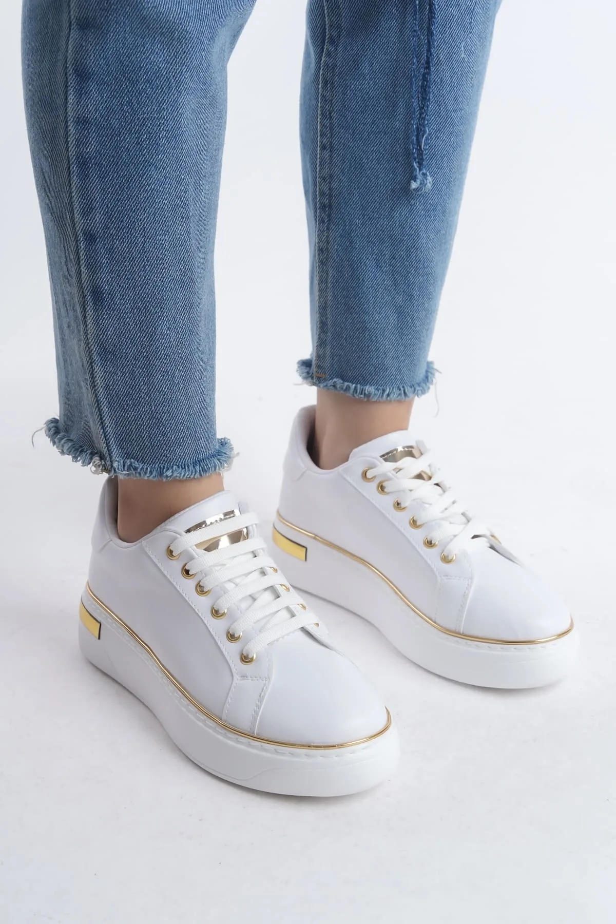Joy Woman MINA Bağcıklı Ortopedik Taban Kadın Sneaker Beyaz Altın