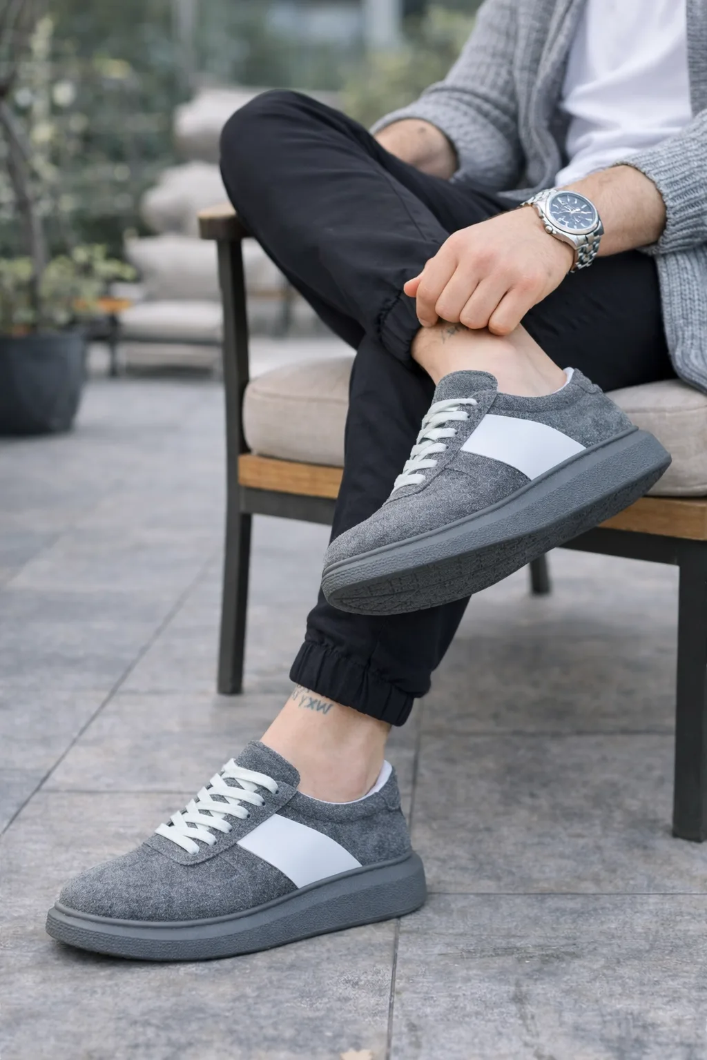 JY011 Line Erkek Günlük Bağcıklı Süet Spor Sneaker Ayakkabı Gri Beyaz