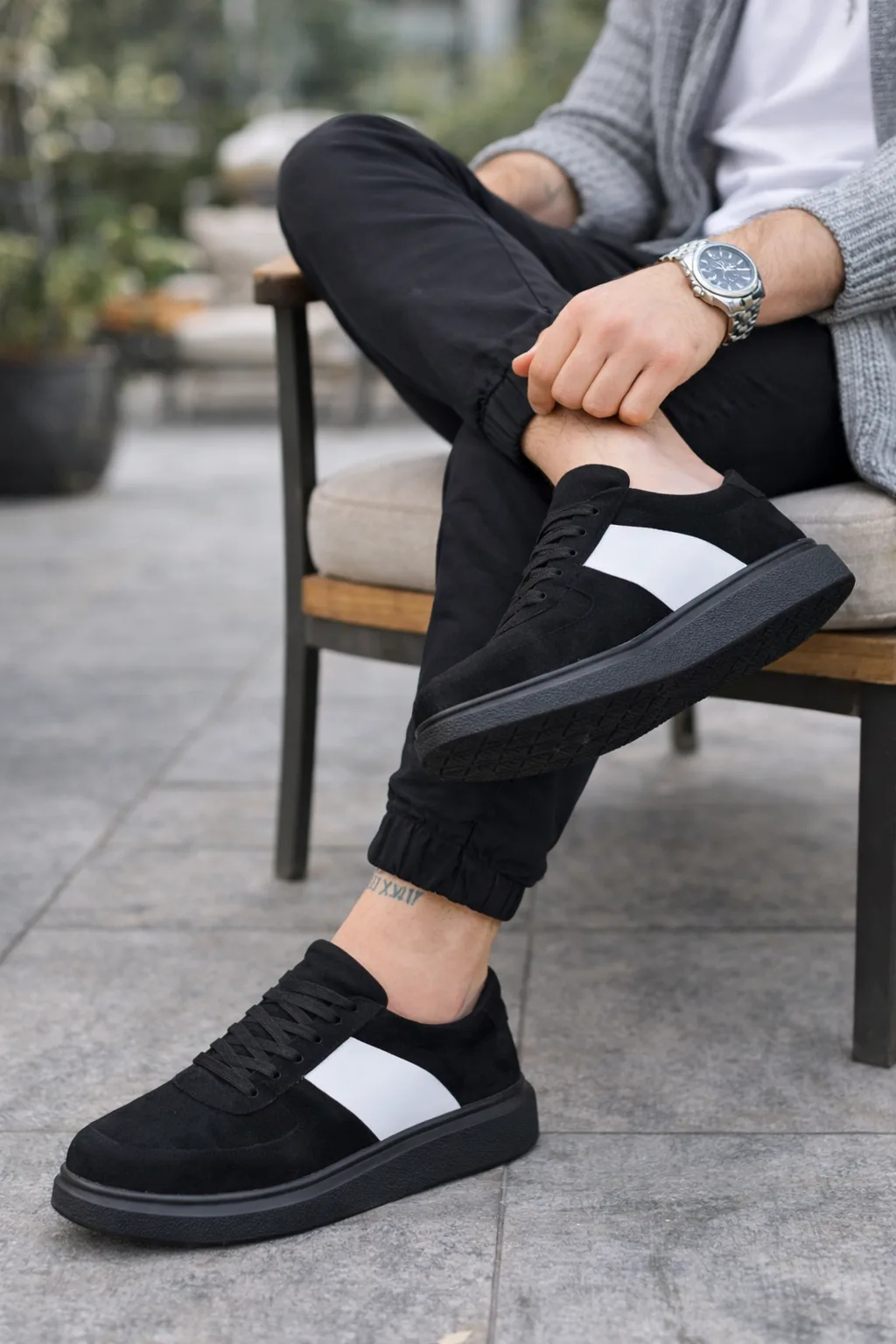JY011 Line Erkek Günlük Bağcıklı Süet Spor Sneaker Ayakkabı Siyah Beyaz