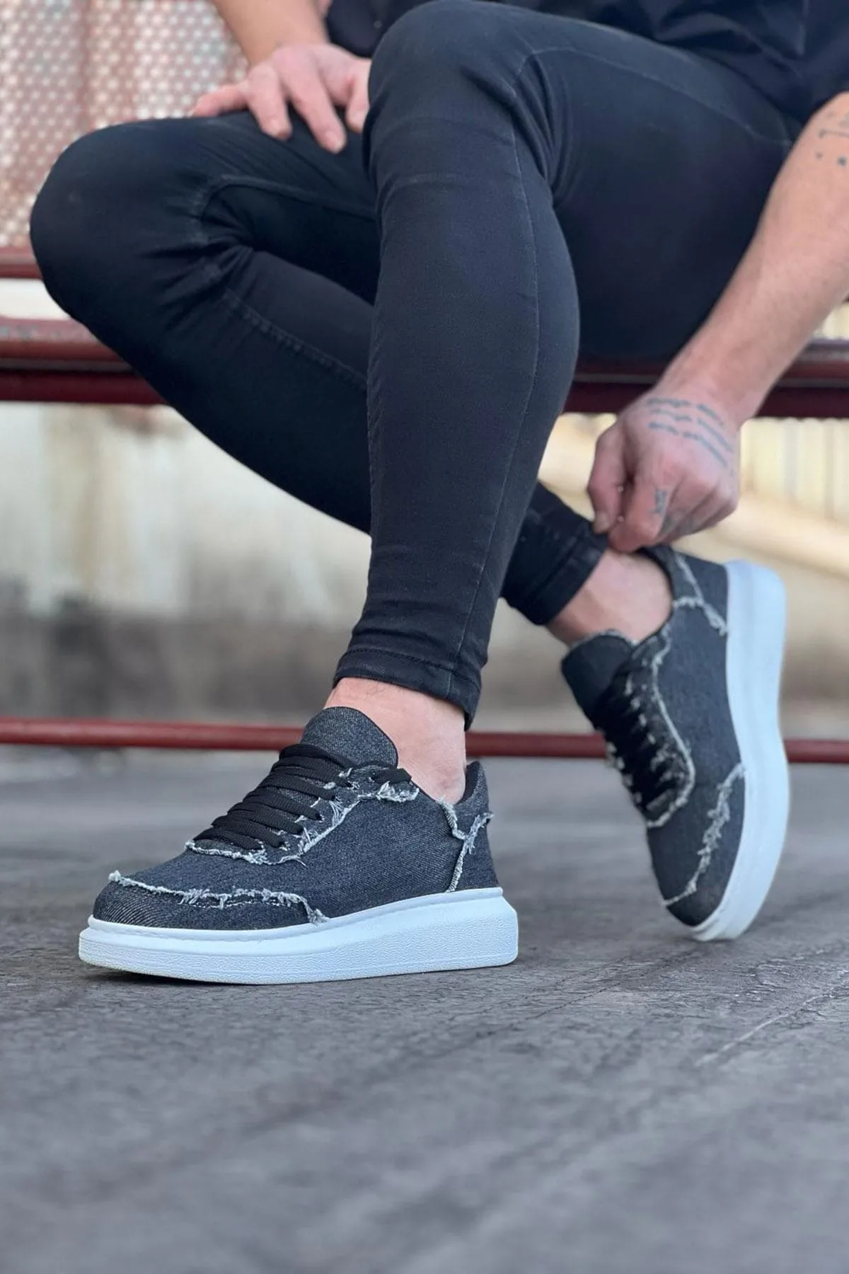 JY018 Dexo Erkek Günlük Bağcıklı Kot Kumaş Sneaker Ayakkabı Gri