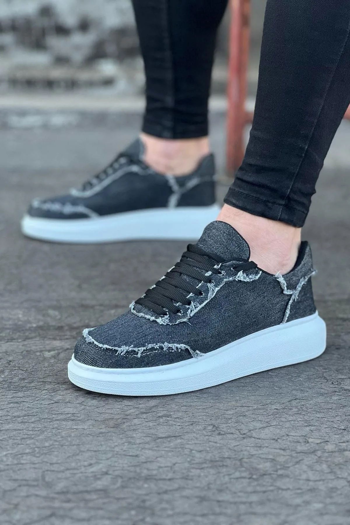JY018 Dexo Erkek Günlük Bağcıklı Kot Kumaş Sneaker Ayakkabı Gri