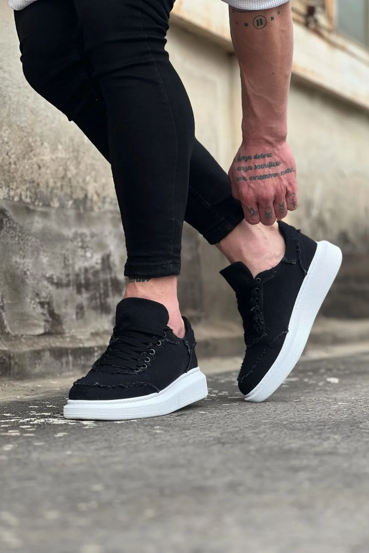 JY018 Dexo Erkek Günlük Bağcıklı Kot Kumaş Sneaker Ayakkabı Siyah