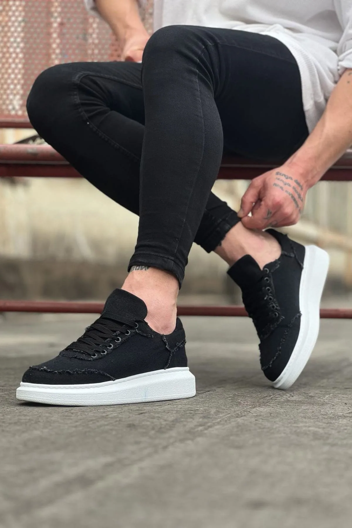 JY018 Dexo Erkek Günlük Bağcıklı Kot Kumaş Sneaker Ayakkabı Siyah