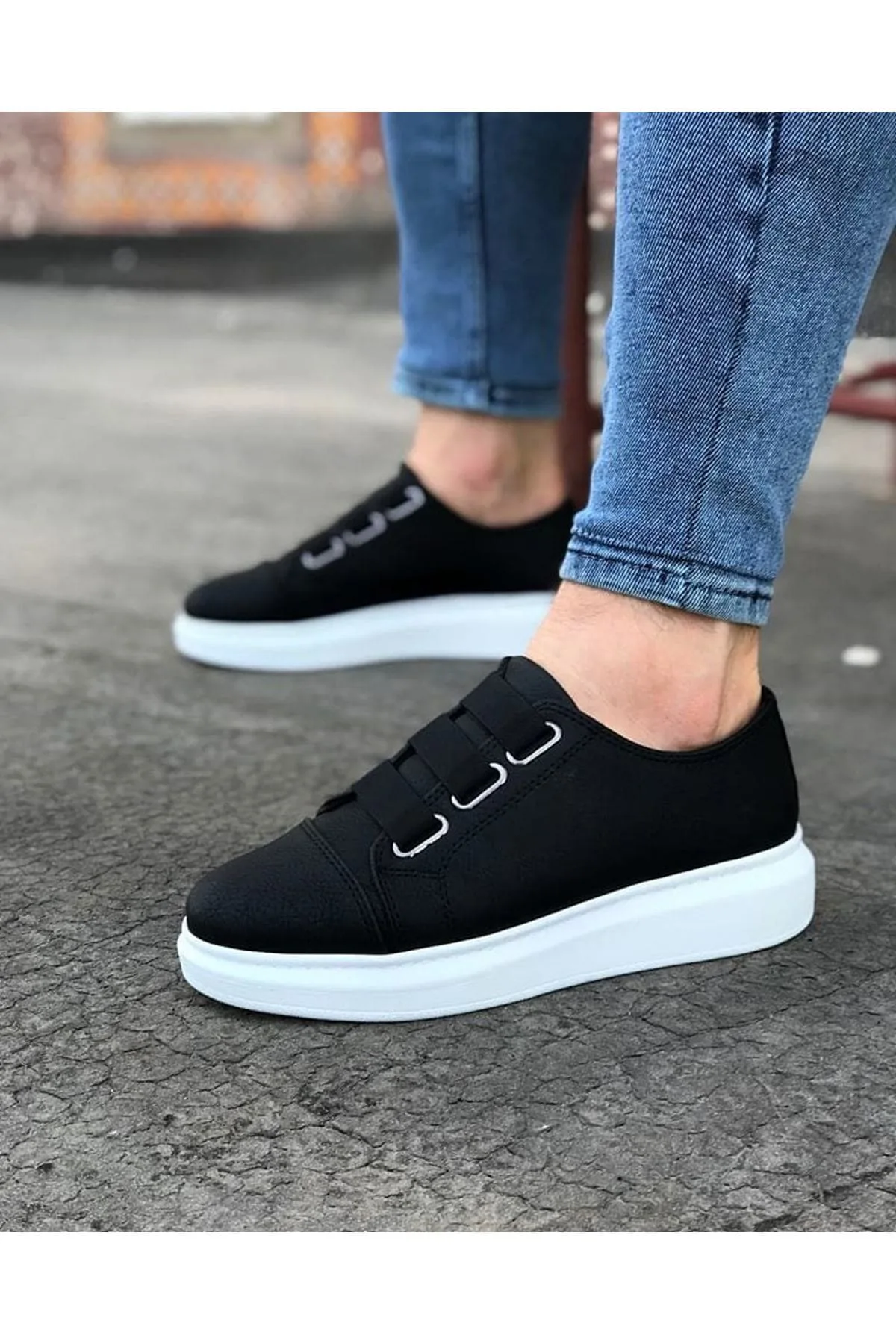 JY026 Astor Erkek Günlük Lastikli Cilt Spor Sneaker Ayakkabı Siyah