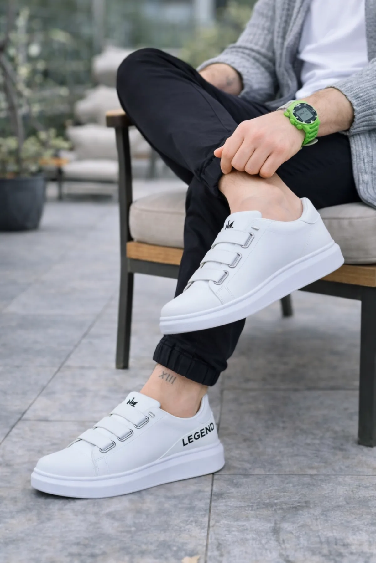 JY029 Mono Bağcıksız 3 Bantlı Lastikli Legend Cilt Erkek Günlük Sneaker Ayakkabı Beyaz