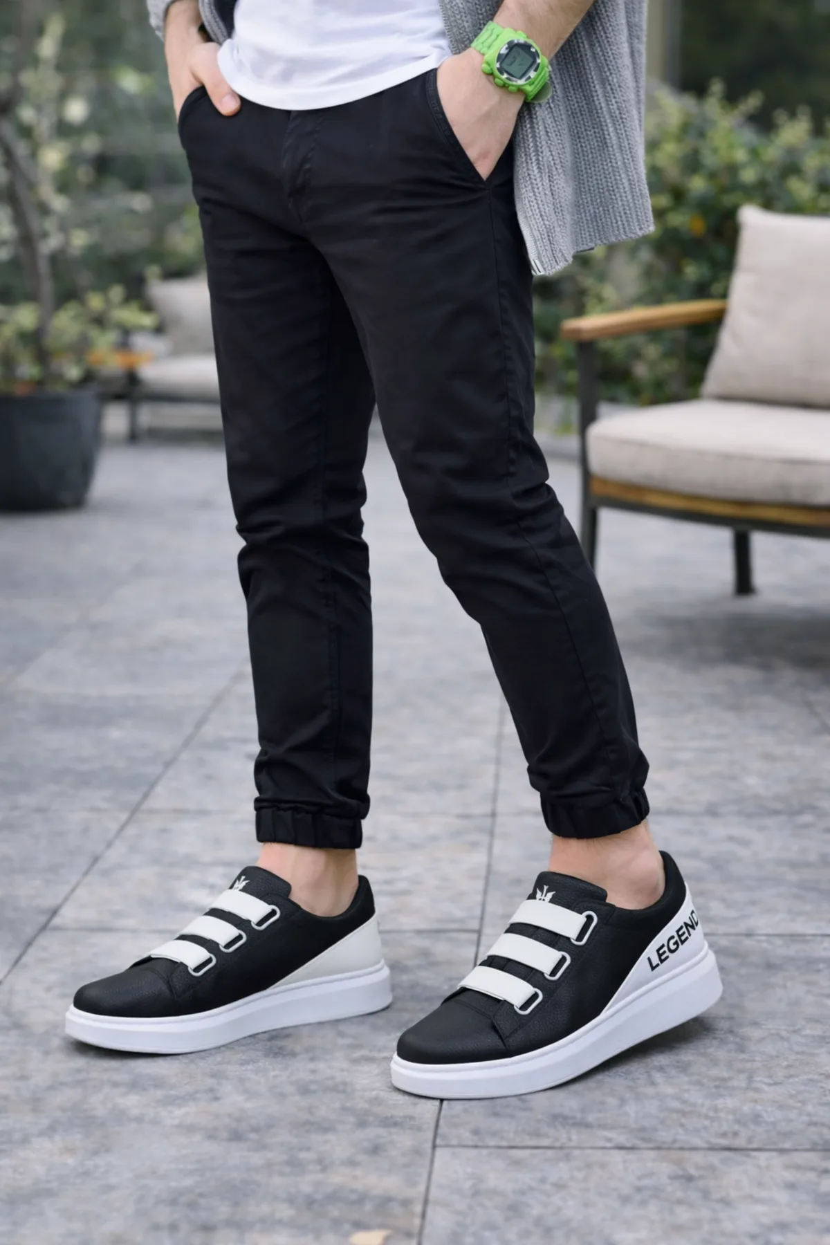 JY029 Mono Bağcıksız 3 Bantlı Lastikli Legend Cilt Erkek Günlük Sneaker Ayakkabı Siyah Beyaz