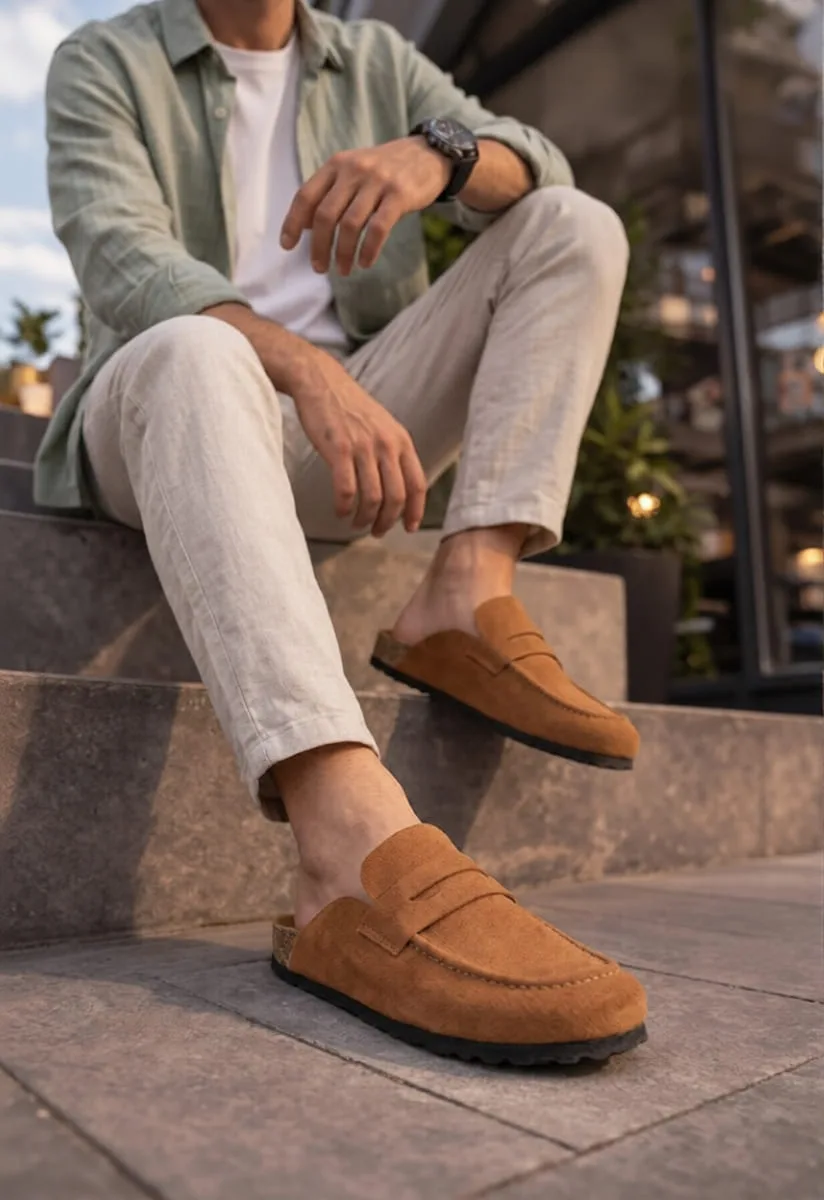 JY0456 Rayn Bağcıksız Hakiki Süet Deri Erkek Günlük Mantar Taban Loafer Taba