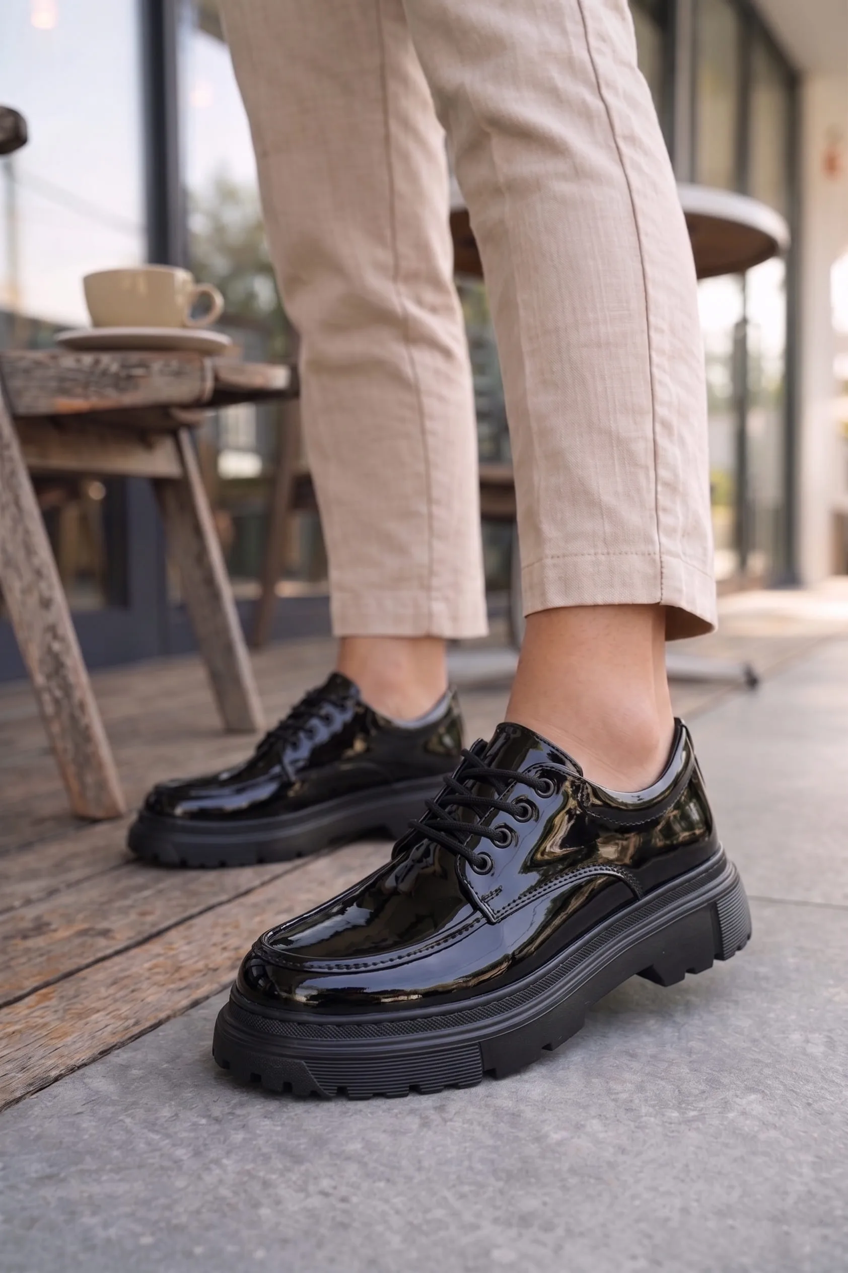 JY06 Solven Bağcıklı Rugan Erkek Günlük Spor Klasik Ayakkabı Siyah Joy Man