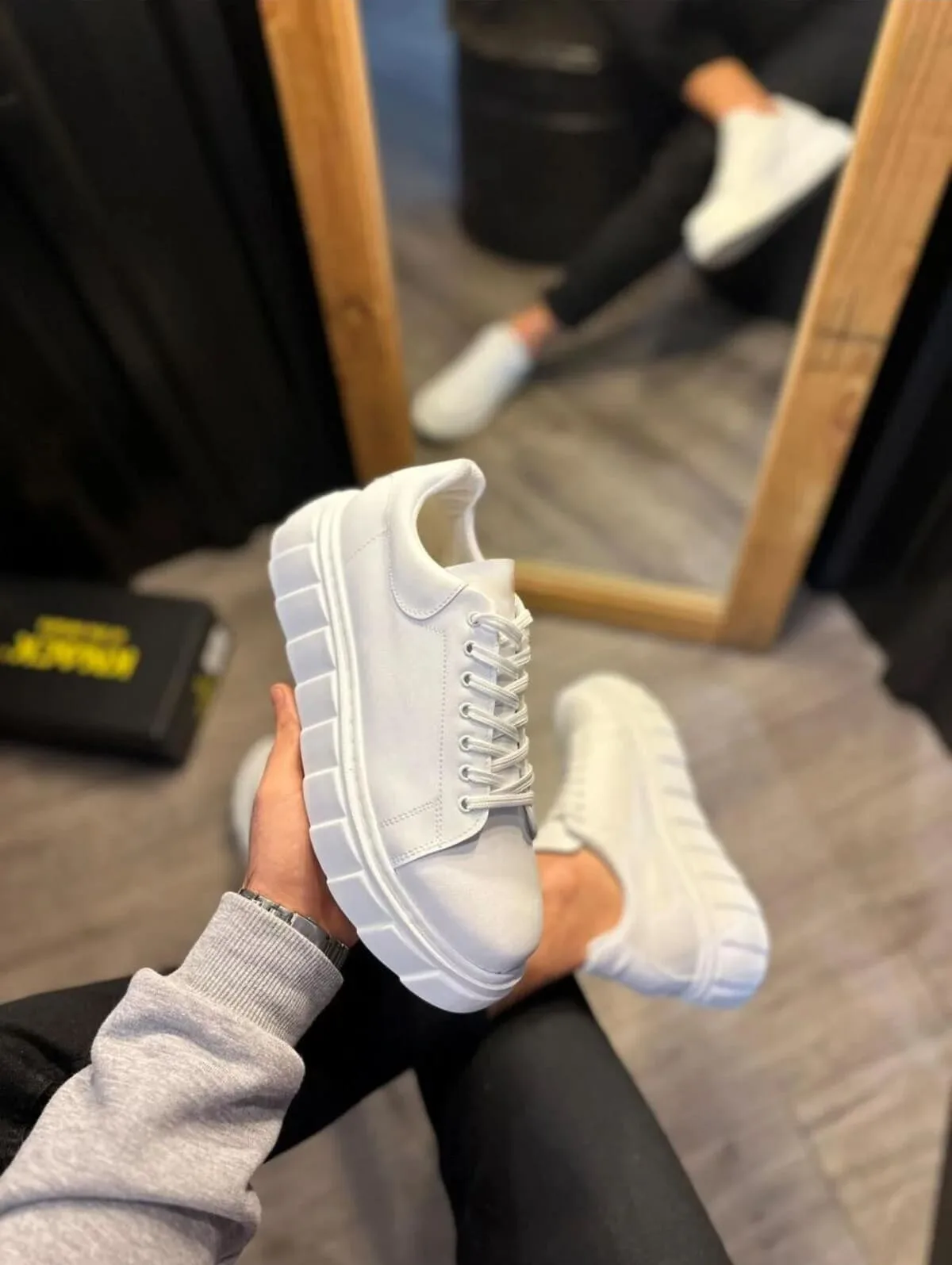 JY144 Volt Bağcıklı Cilt Erkek Günlük Sneaker Yüksek Taban Ayakkabı Beyaz