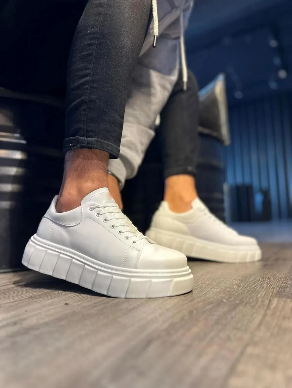 JY144 Volt Bağcıklı Cilt Erkek Günlük Sneaker Yüksek Taban Ayakkabı Beyaz