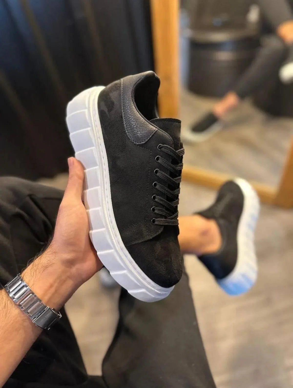 JY144 Volt Bağcıklı Süet Erkek Günlük Sneaker Yüksek Taban Ayakkabı Siyah