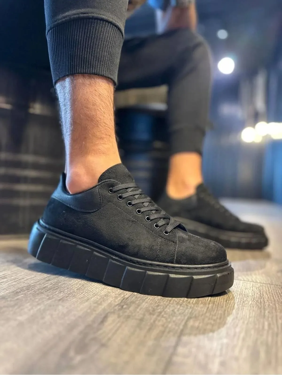 JY144 Volt Bağcıklı Süet Erkek Günlük Sneaker Yüksek Taban Siyah