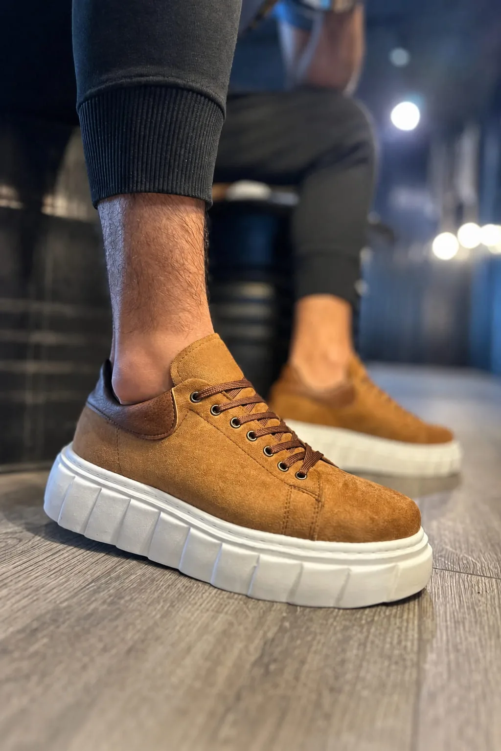 JY144 Volt Bağcıklı Süet Erkek Sneaker Ayakkabı Yüksek Taban Taba