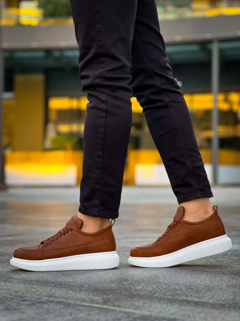 JY814 Axel Bağcıklı Cilt Erkek Günlük Sneaker Ayakkabı Taba-Beyaz