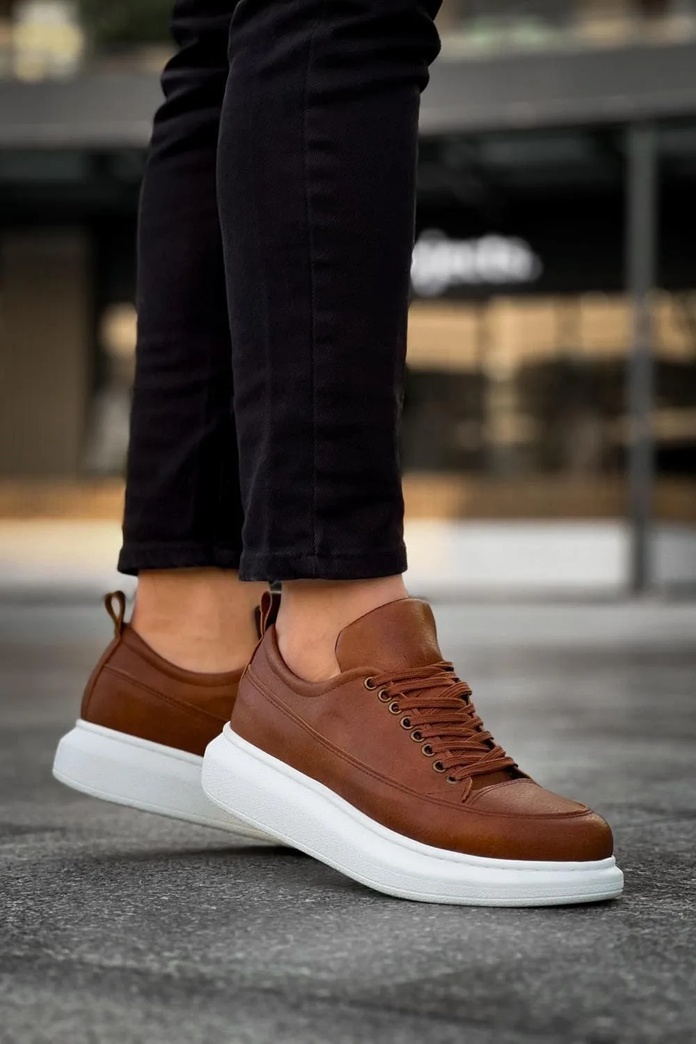 JY814 Axel Bağcıklı Cilt Erkek Günlük Sneaker Ayakkabı Taba-Beyaz
