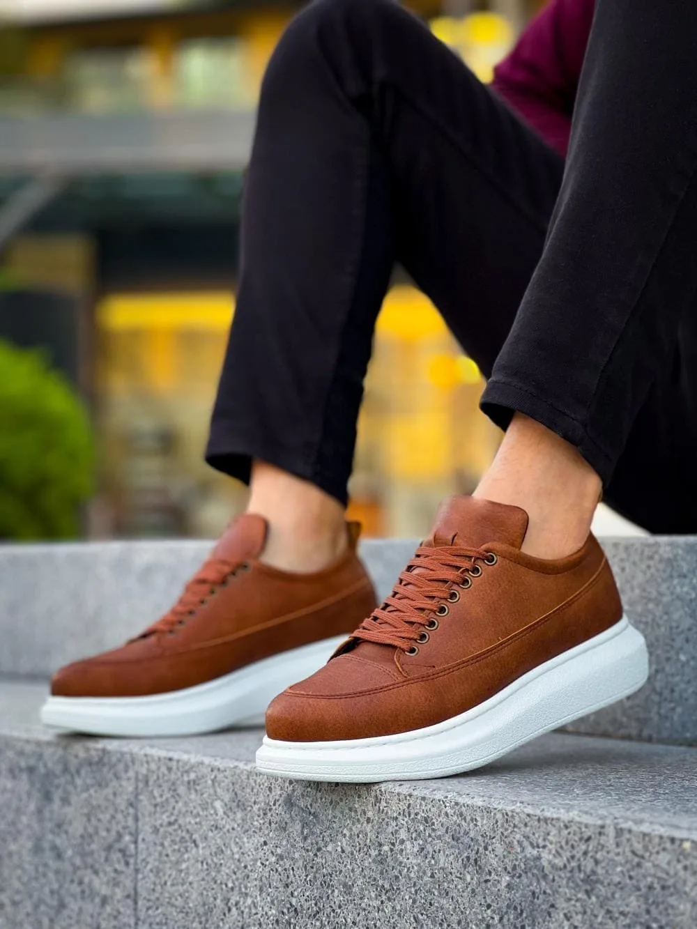 JY814 Axel Bağcıklı Cilt Erkek Günlük Sneaker Ayakkabı Taba-Beyaz