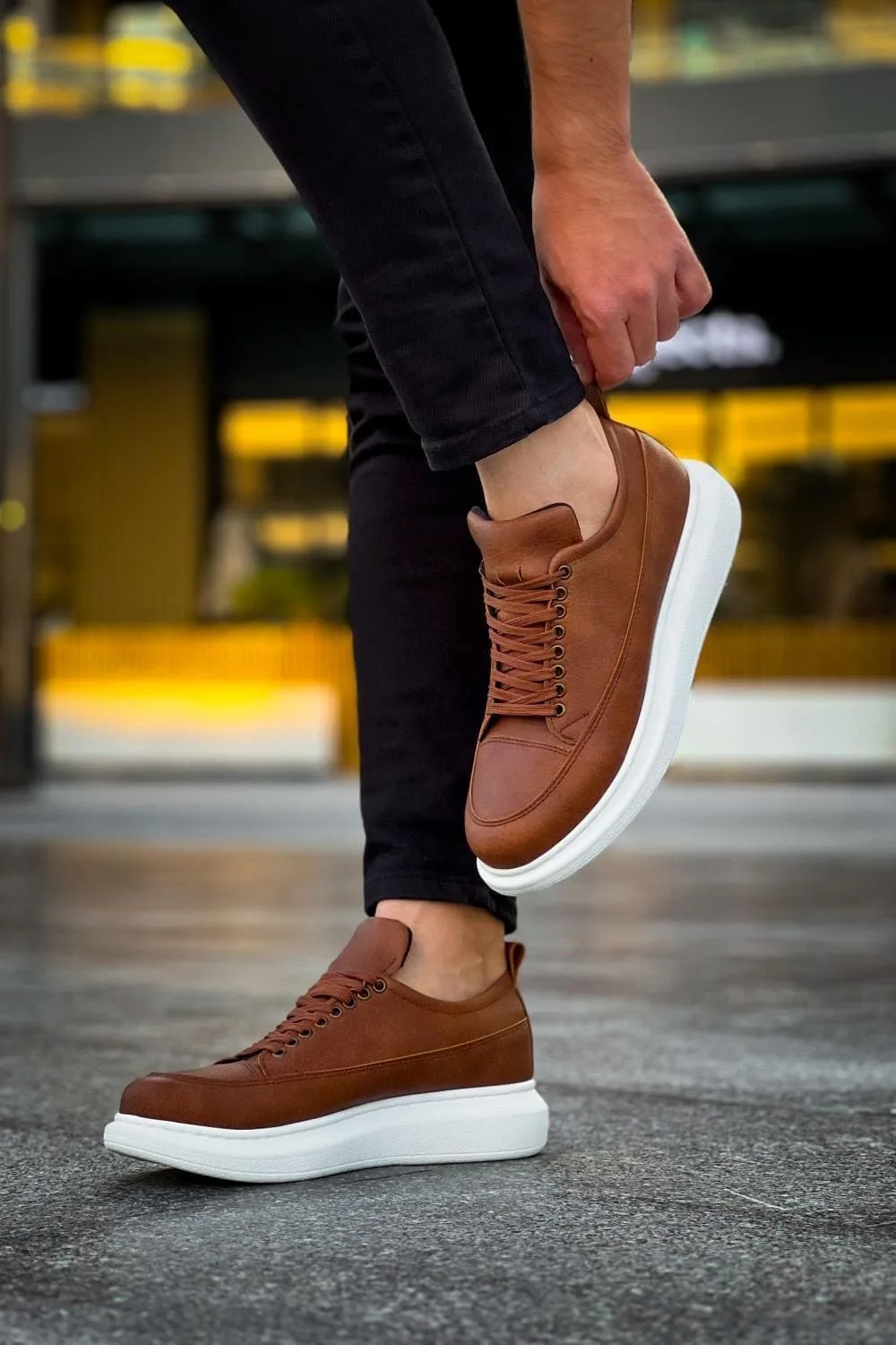 JY814 Axel Bağcıklı Cilt Erkek Günlük Sneaker Ayakkabı Taba-Beyaz
