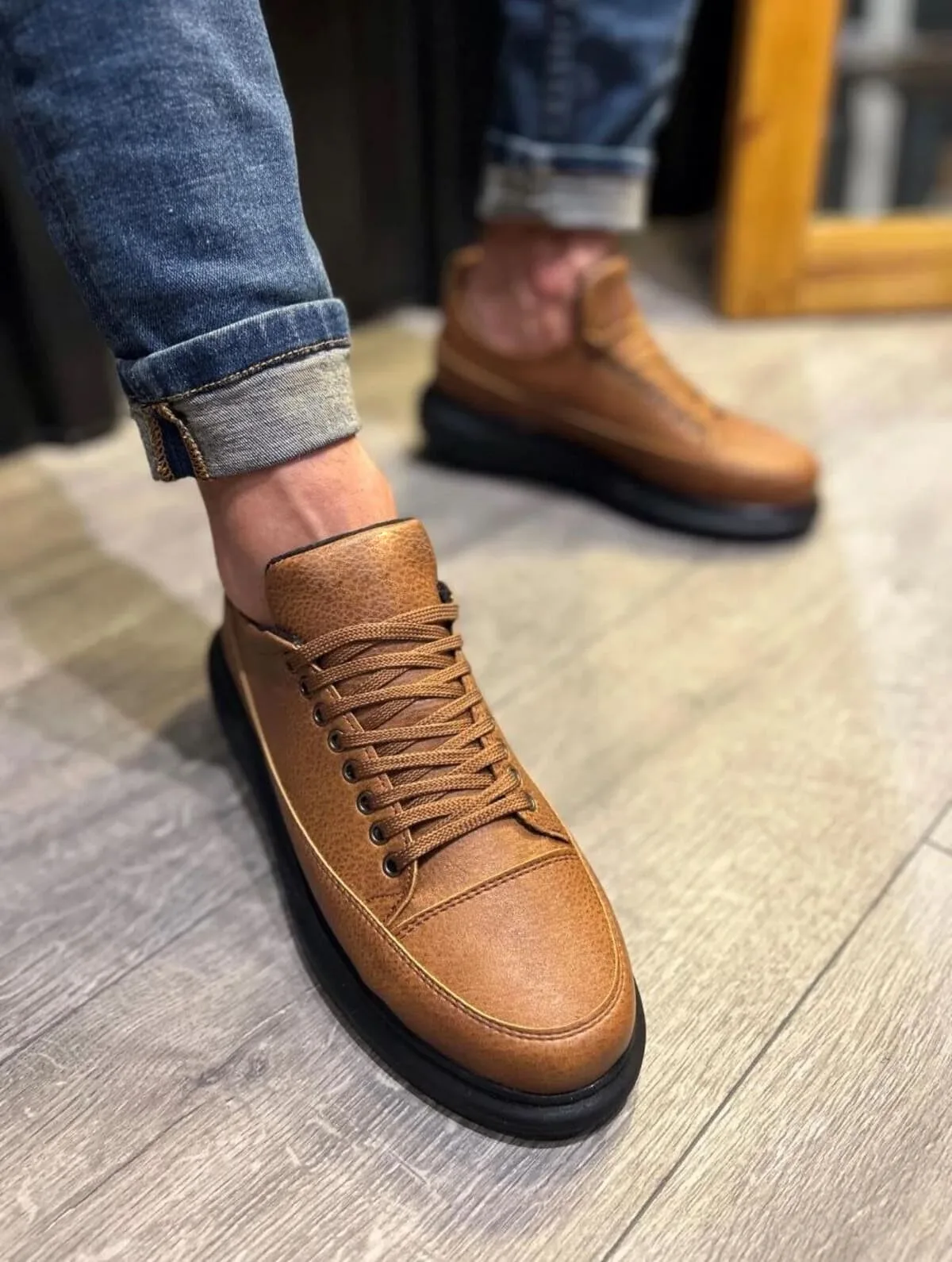 JY914 Drake Bağcıklı Cilt Erkek Günlük Sneaker Ayakkabı Taba
