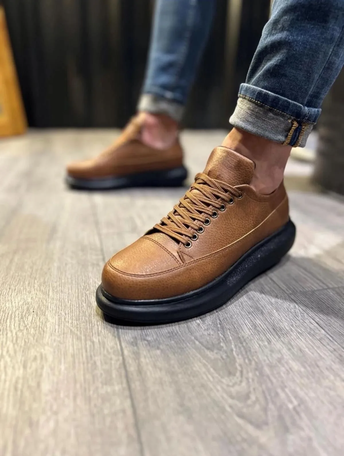 JY914 Drake Bağcıklı Cilt Erkek Günlük Sneaker Ayakkabı Taba
