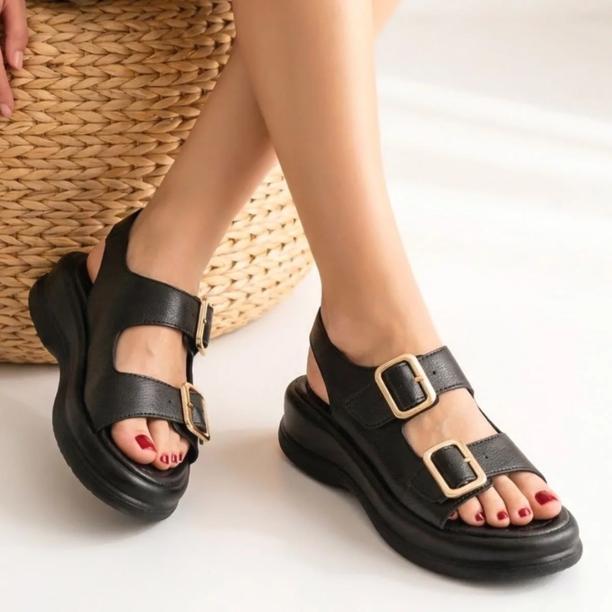 Kaji Siyah Cilt Çift Tokalı Sandalet 5 Cm Topuk Poli Taban