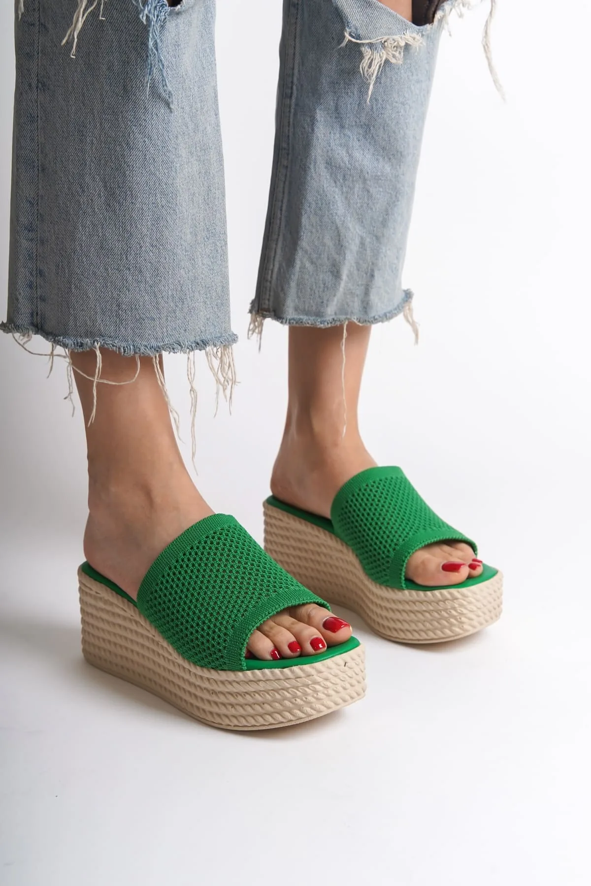 MARLA Joy Woman Yeşil Triko Dolgu Topuklu Ortopedik Kadın Terlik 7 CM