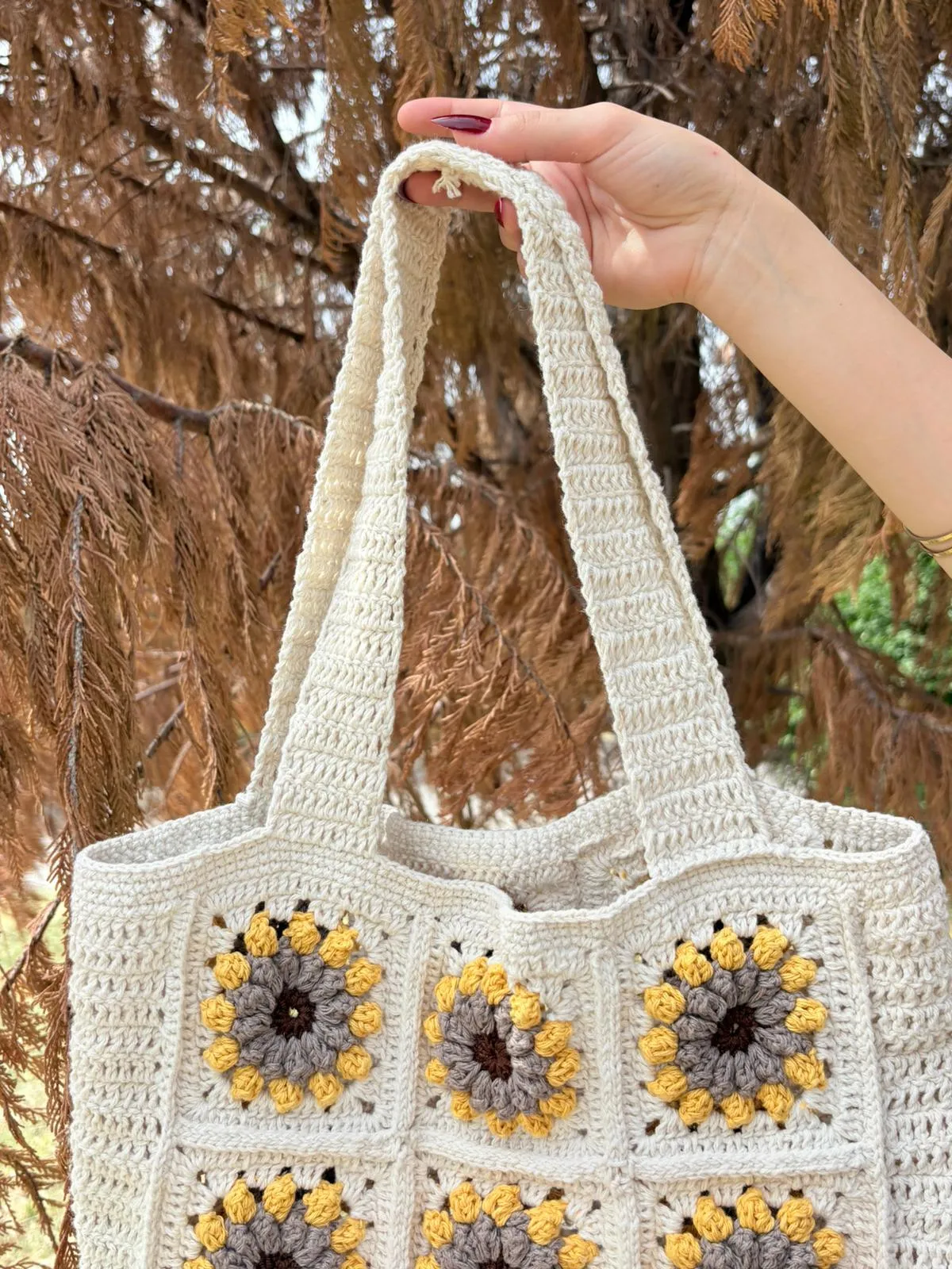 Berni Collection Sunrise El Yapımı Koton İplikli Maxi Tote Omuz Çantası Krem