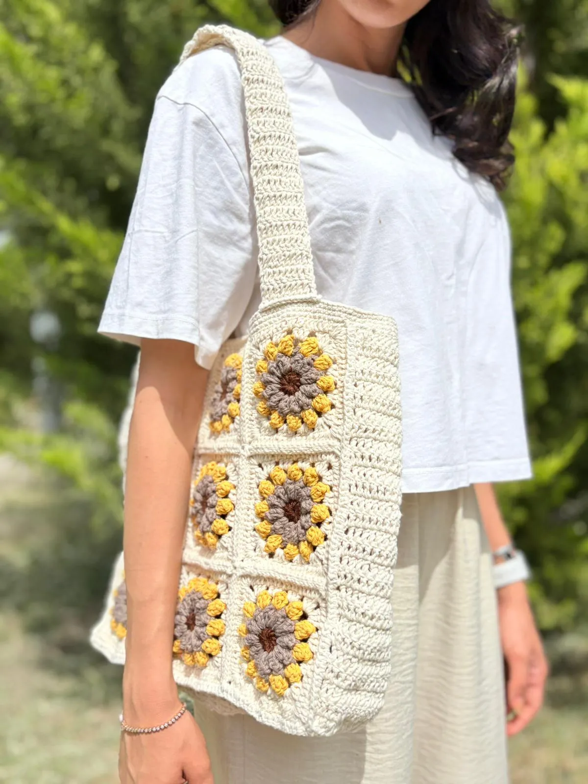 Berni Collection Sunrise El Yapımı Koton İplikli Maxi Tote Omuz Çantası Krem