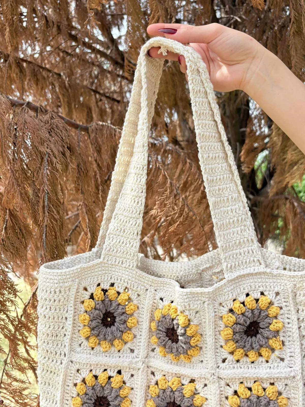 Berni Collection Sunrise El Yapımı Koton İplikli Maxi Tote Omuz Çantası Krem