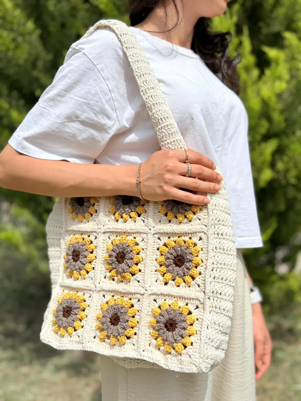 Berni Collection Sunrise El Yapımı Koton İplikli Maxi Tote Omuz Çantası Krem