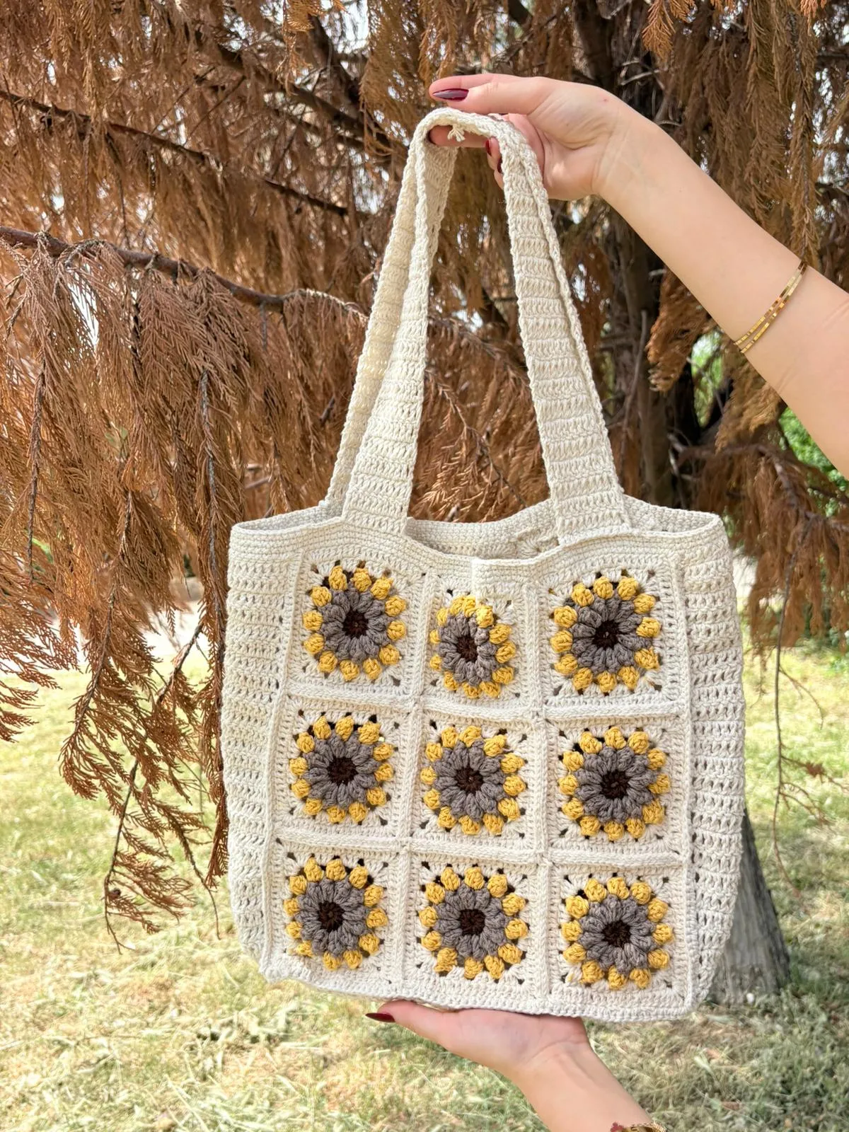 Berni Collection Sunrise El Yapımı Koton İplikli Maxi Tote Omuz Çantası Krem