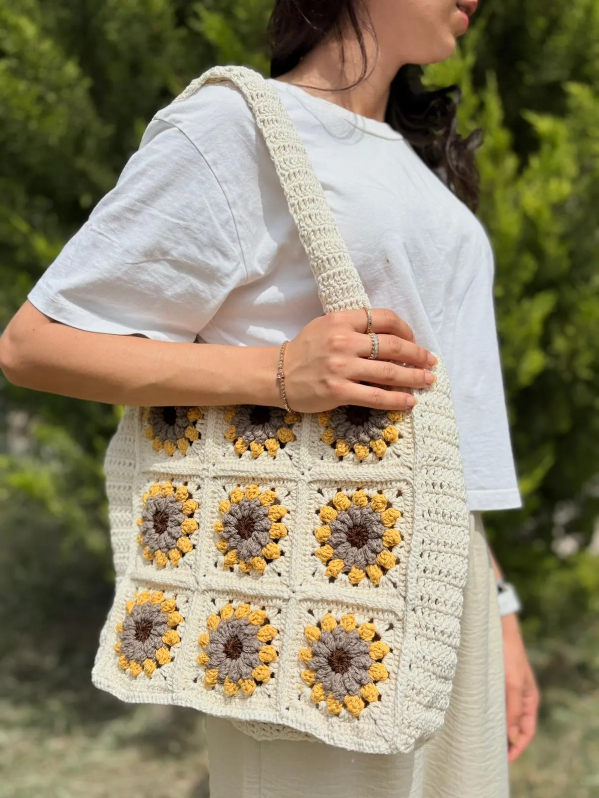 Berni Collection Sunrise El Yapımı Koton İplikli Maxi Tote Omuz Çantası Krem