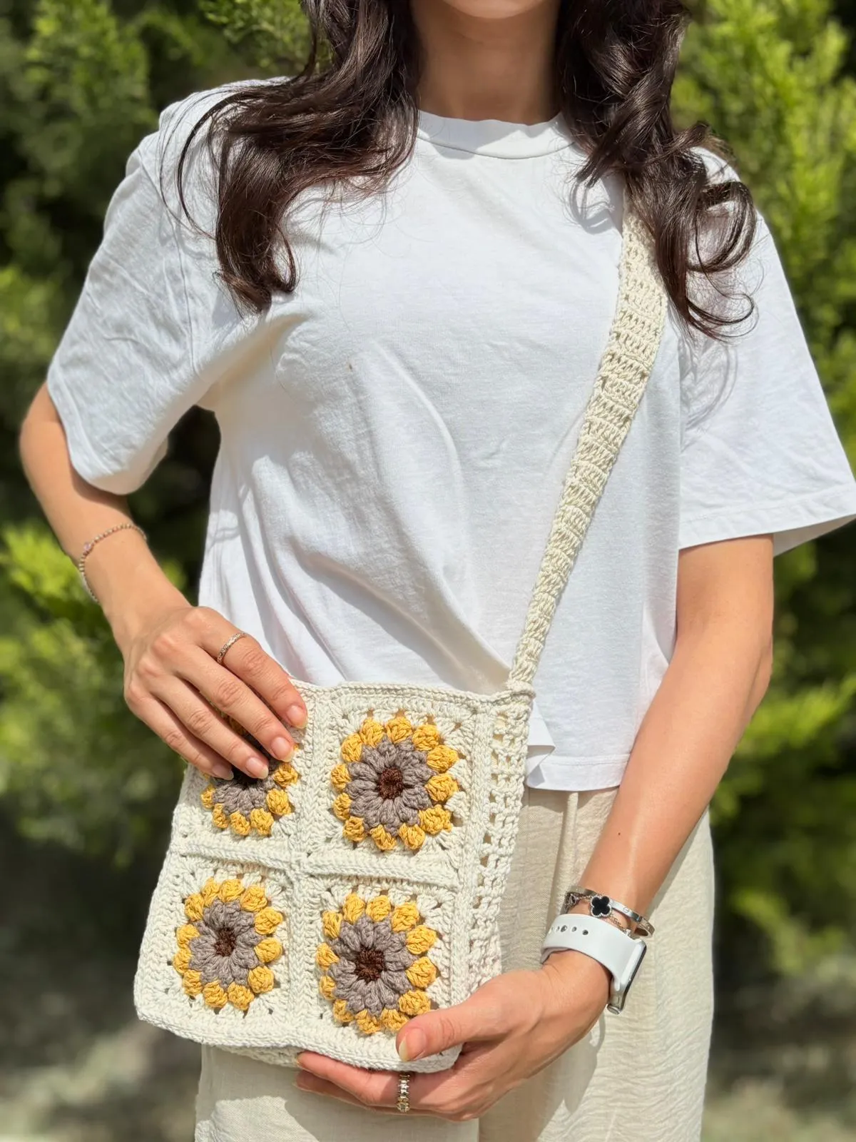 Berni Collection Sunrise El Yapımı Koton Örgü Mini Omuz Çantası Kırık Beyaz