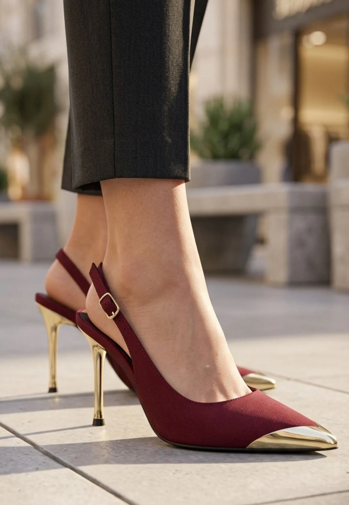 Puen Bordo Saten Gold Topuklu Stiletto Ayakkabı 10 cm